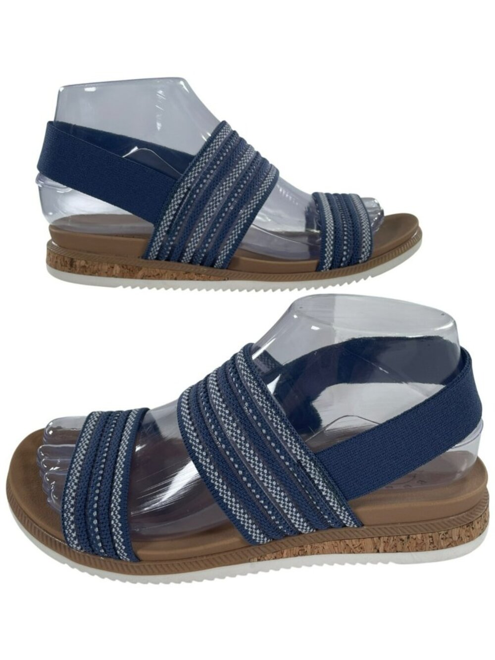 Bob's Skechers Navy Striped Sandals Cork Sole Machine Washable Women's Sz 6 NEW